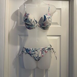 Pink and White Bikini Set with Tie-Side Bottoms and Push-Up Top